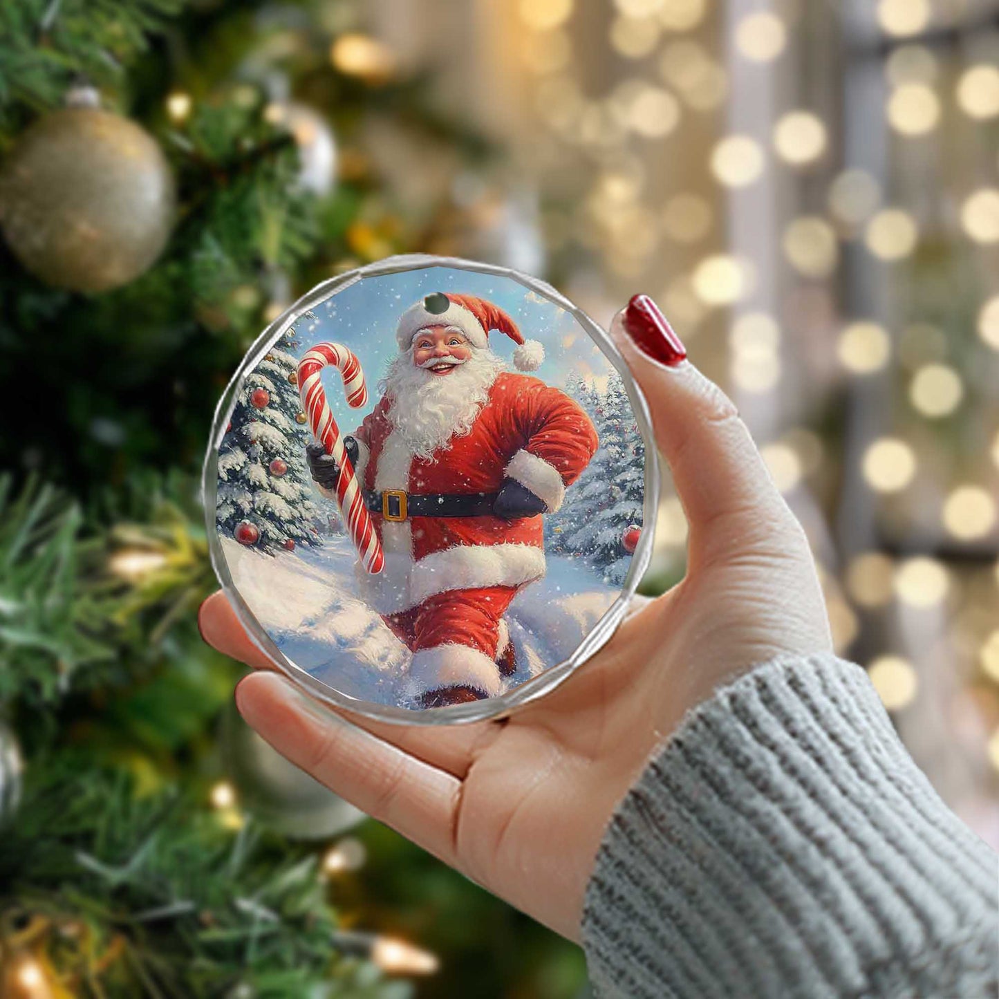 Netecom Jolly Santa with Candy Cane Glass Ornament – Festive Snowy Scene, Christmas Tree Decor & Holiday Keepsake, 3-inch