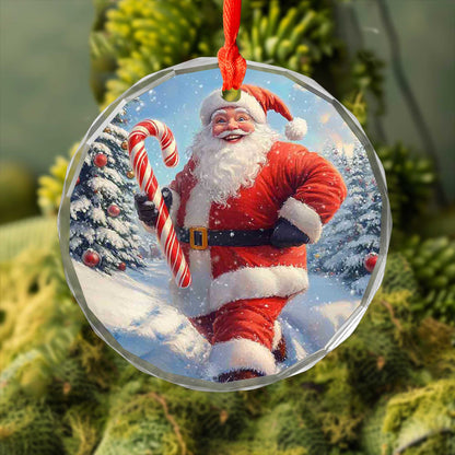 Netecom Jolly Santa with Candy Cane Glass Ornament – Festive Snowy Scene, Christmas Tree Decor & Holiday Keepsake, 3-inch