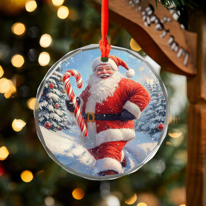 Netecom Jolly Santa with Candy Cane Glass Ornament – Festive Snowy Scene, Christmas Tree Decor & Holiday Keepsake, 3-inch