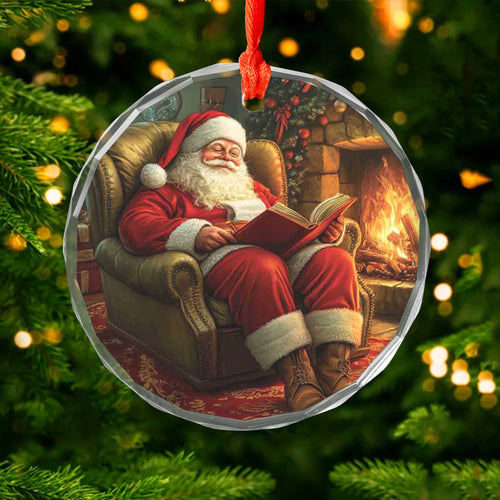 Netecom Relaxing Santa Reading by Fireplace Glass Ornament – Armchair Scene, Perfect Christmas Tree Keepsake, 3-inch