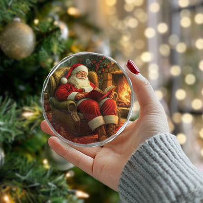 Netecom Relaxing Santa Reading by Fireplace Glass Ornament – Armchair Scene, Perfect Christmas Tree Keepsake, 3-inch