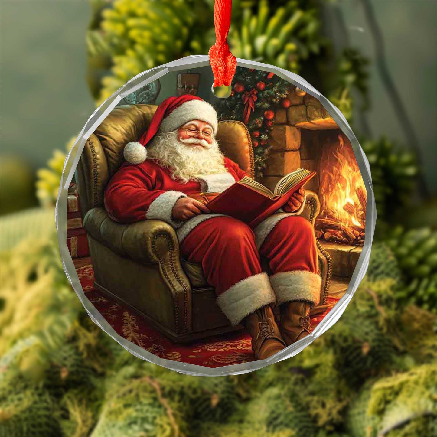 Netecom Relaxing Santa Reading by Fireplace Glass Ornament – Armchair Scene, Perfect Christmas Tree Keepsake, 3-inch