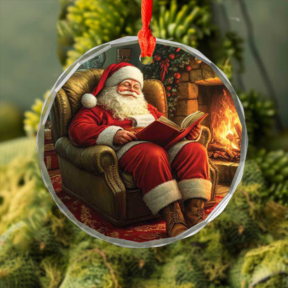 Netecom Relaxing Santa Reading by Fireplace Glass Ornament – Armchair Scene, Perfect Christmas Tree Keepsake, 3-inch