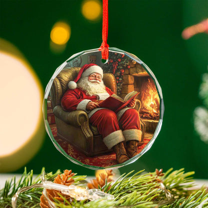 Netecom Relaxing Santa Reading by Fireplace Glass Ornament – Armchair Scene, Perfect Christmas Tree Keepsake, 3-inch
