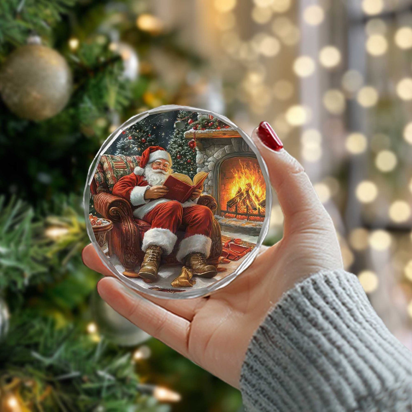Netecom Relaxing Santa Reading by Fireplace Glass Ornament – Armchair Scene, Perfect Christmas Tree Keepsake, 3-inch