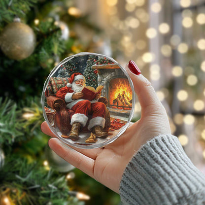 Netecom Relaxing Santa Reading by Fireplace Glass Ornament – Armchair Scene, Perfect Christmas Tree Keepsake, 3-inch