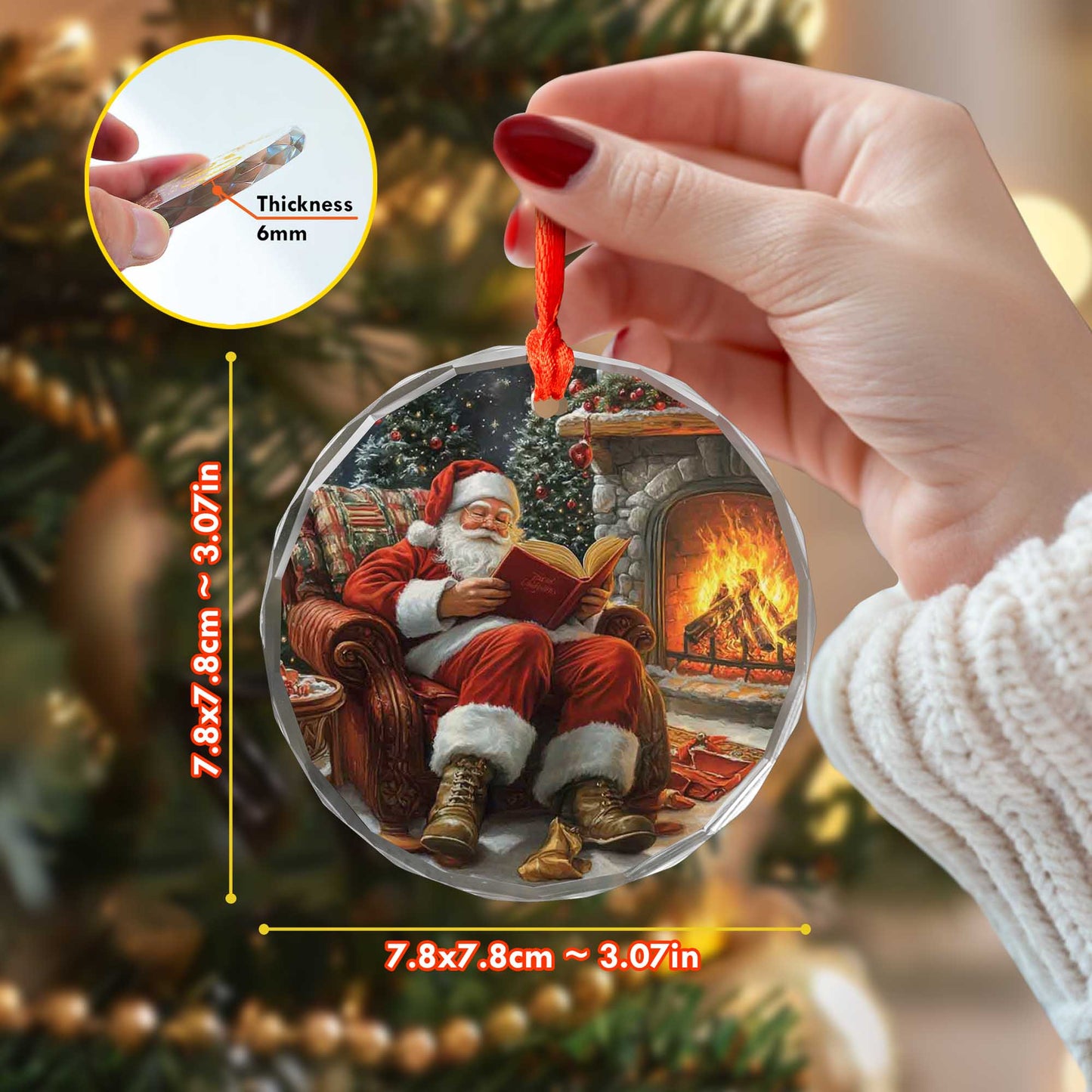 Netecom Relaxing Santa Reading by Fireplace Glass Ornament – Armchair Scene, Perfect Christmas Tree Keepsake, 3-inch