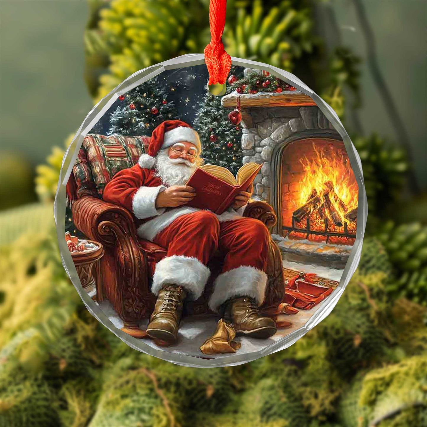 Netecom Relaxing Santa Reading by Fireplace Glass Ornament – Armchair Scene, Perfect Christmas Tree Keepsake, 3-inch