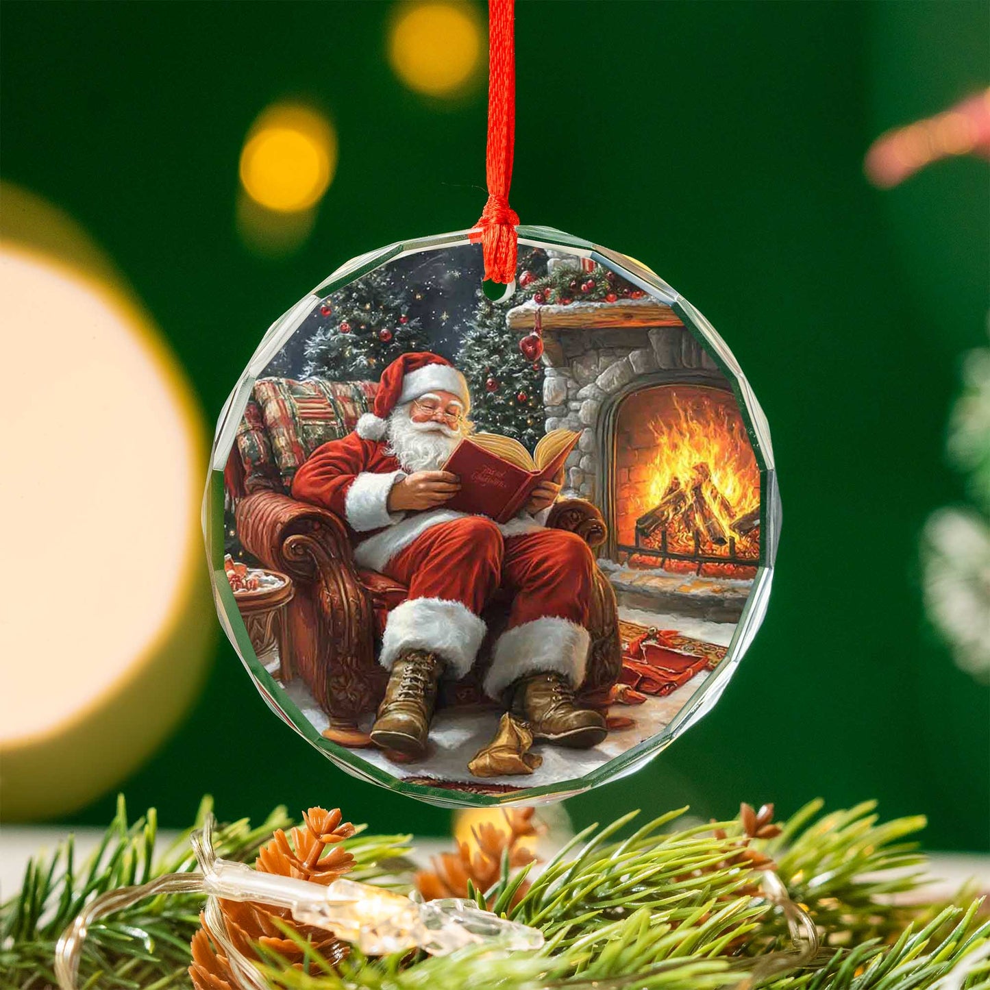 Netecom Relaxing Santa Reading by Fireplace Glass Ornament – Armchair Scene, Perfect Christmas Tree Keepsake, 3-inch