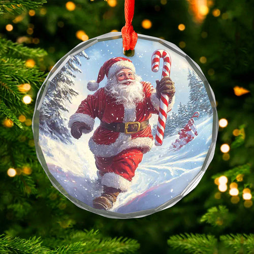 Netecom Jolly Santa with Candy Cane Glass Ornament – Running in Snowy Scene, Festive Christmas Tree Decor, 3-inch