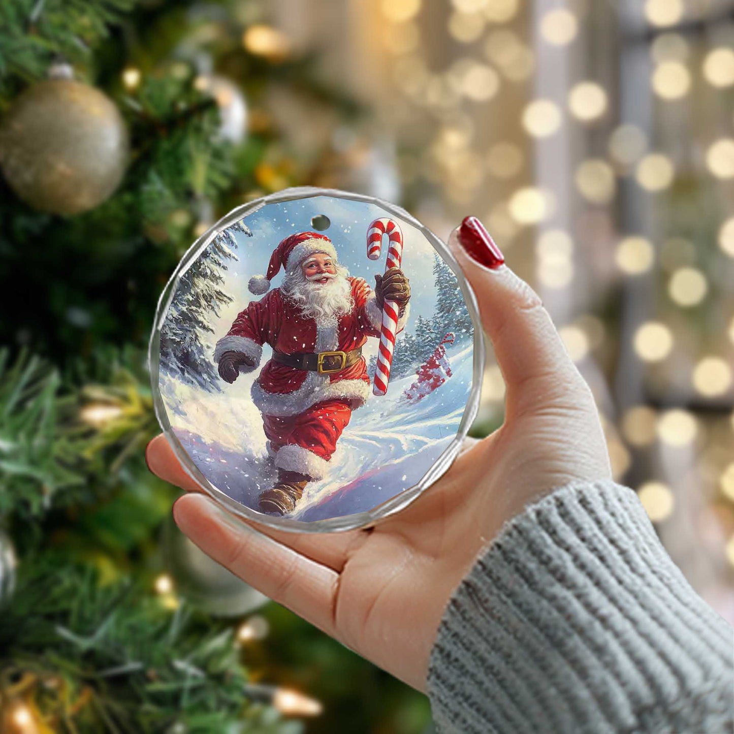 Netecom Jolly Santa with Candy Cane Glass Ornament – Running in Snowy Scene, Festive Christmas Tree Decor, 3-inch