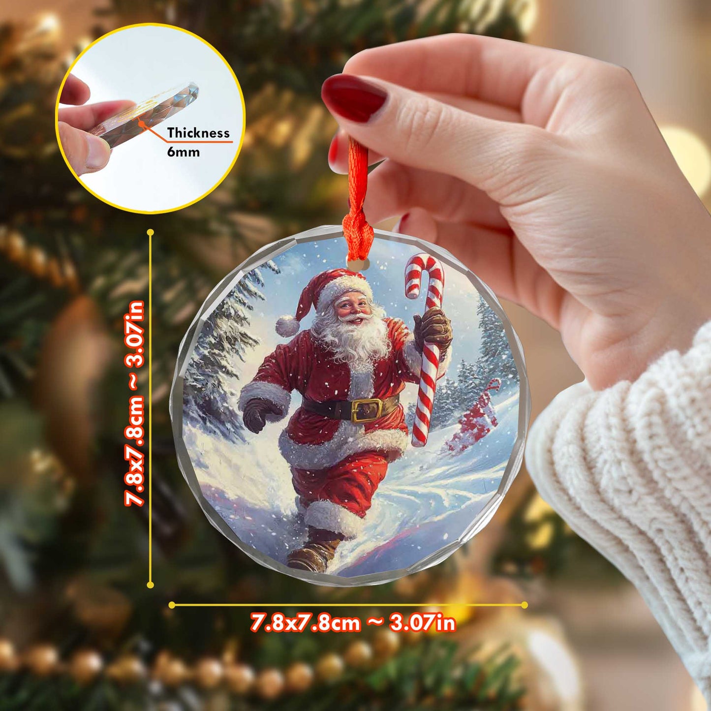 Netecom Jolly Santa with Candy Cane Glass Ornament – Running in Snowy Scene, Festive Christmas Tree Decor, 3-inch