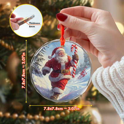 Netecom Jolly Santa with Candy Cane Glass Ornament – Running in Snowy Scene, Festive Christmas Tree Decor, 3-inch