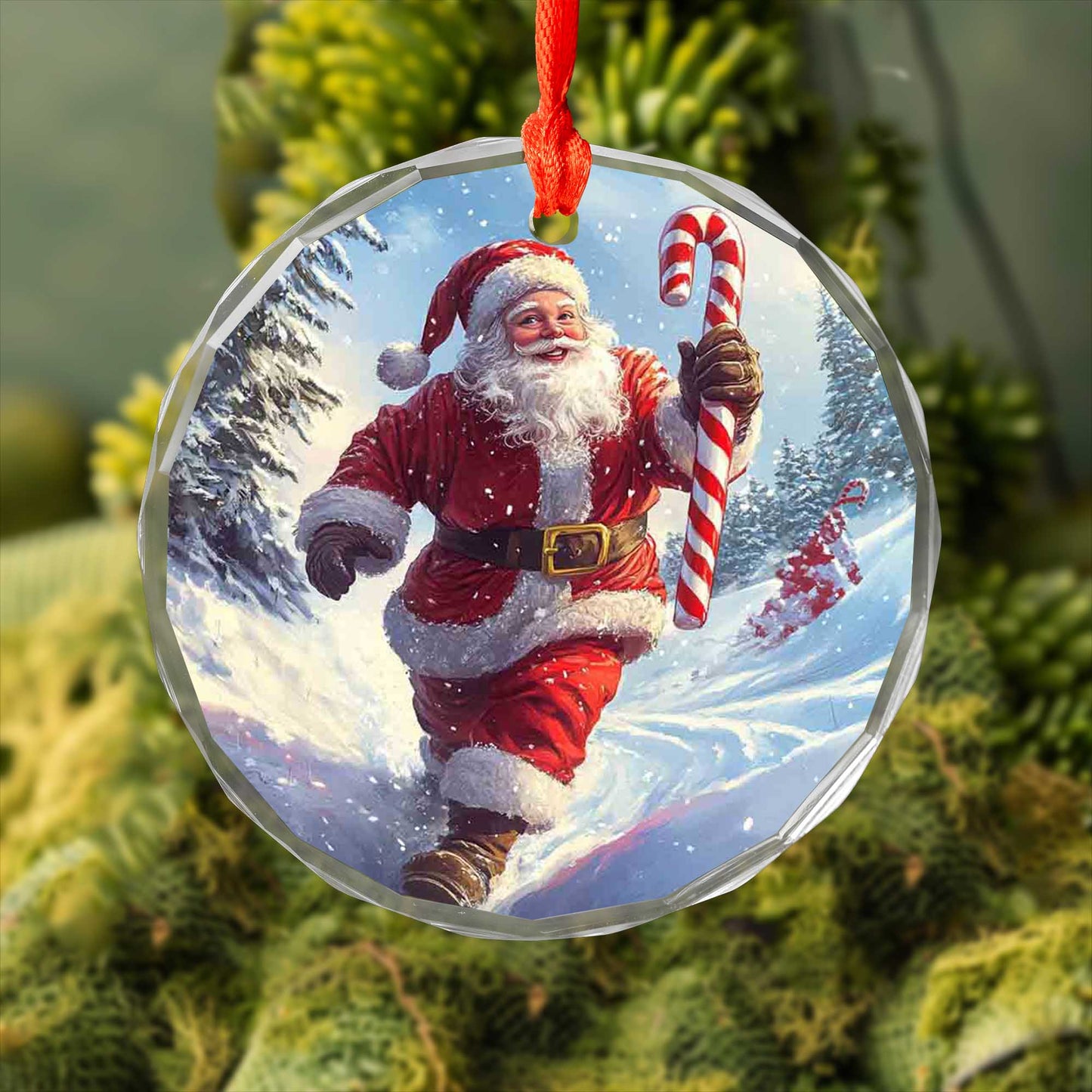 Netecom Jolly Santa with Candy Cane Glass Ornament – Running in Snowy Scene, Festive Christmas Tree Decor, 3-inch