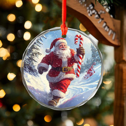 Netecom Jolly Santa with Candy Cane Glass Ornament – Running in Snowy Scene, Festive Christmas Tree Decor, 3-inch