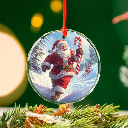 Netecom Jolly Santa with Candy Cane Glass Ornament – Running in Snowy Scene, Festive Christmas Tree Decor, 3-inch