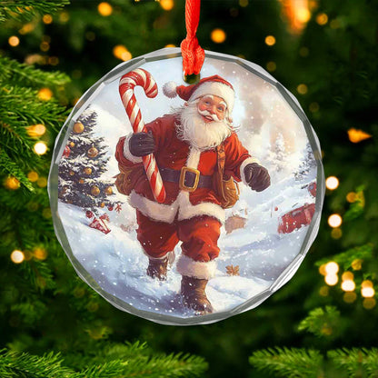 Netecom Running Santa with Candy Cane Glass Ornament – Cheerful Snowy Scene, Christmas Tree Decor & Holiday Gift, 3-inch