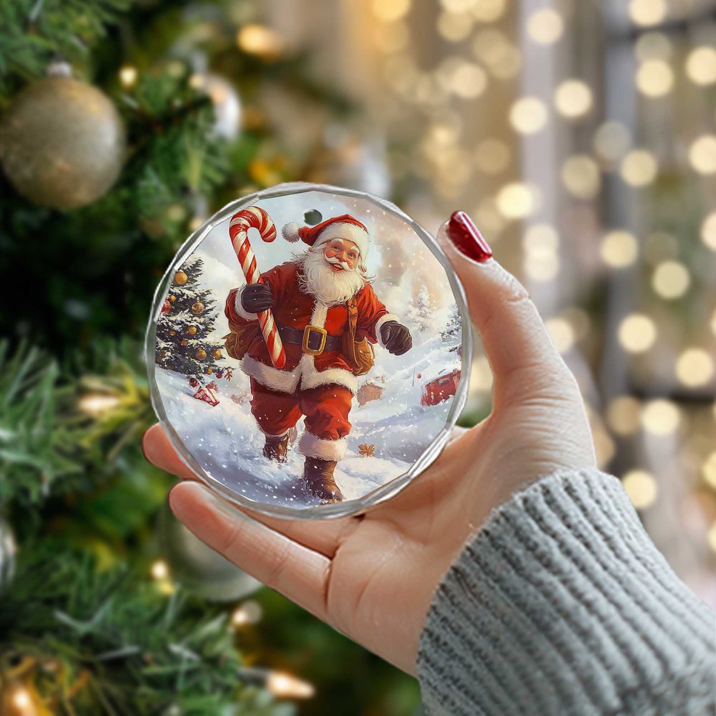 Netecom Running Santa with Candy Cane Glass Ornament – Cheerful Snowy Scene, Christmas Tree Decor & Holiday Gift, 3-inch