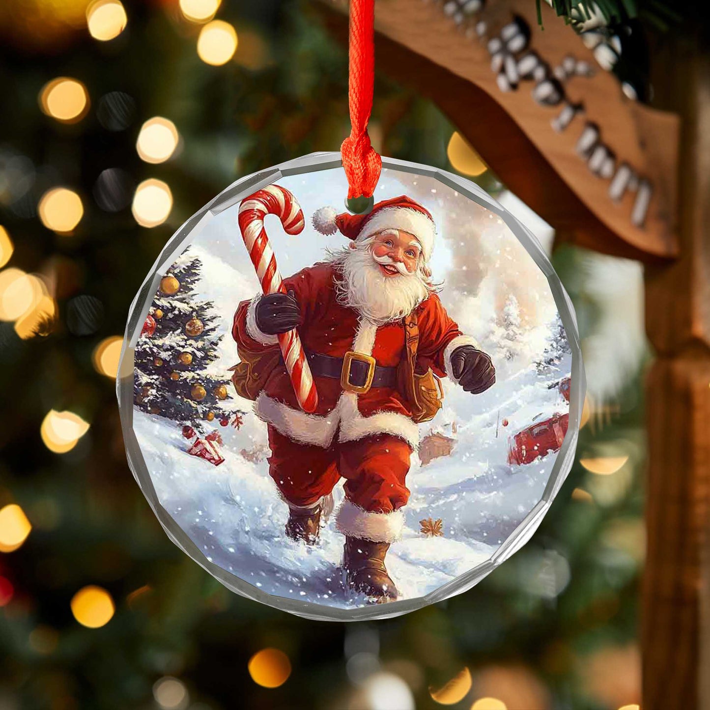Netecom Running Santa with Candy Cane Glass Ornament – Cheerful Snowy Scene, Christmas Tree Decor & Holiday Gift, 3-inch