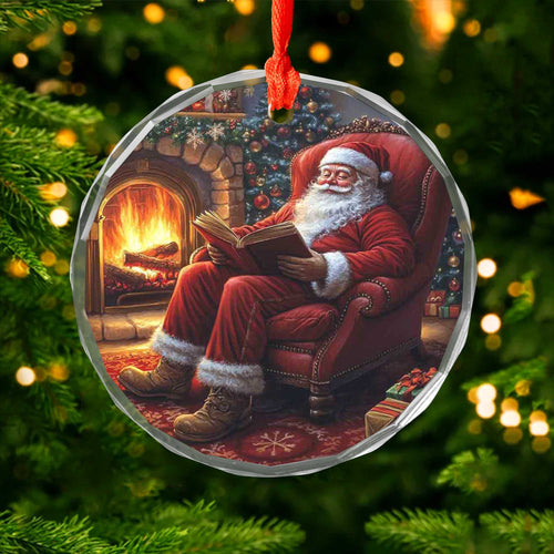 Netecom Santa Claus by the Fireplace Glass Ornament – Christmas Tree Decoration, Holiday Keepsake
