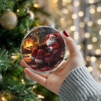 Netecom Santa Claus by the Fireplace Glass Ornament – Christmas Tree Decoration, Holiday Keepsake