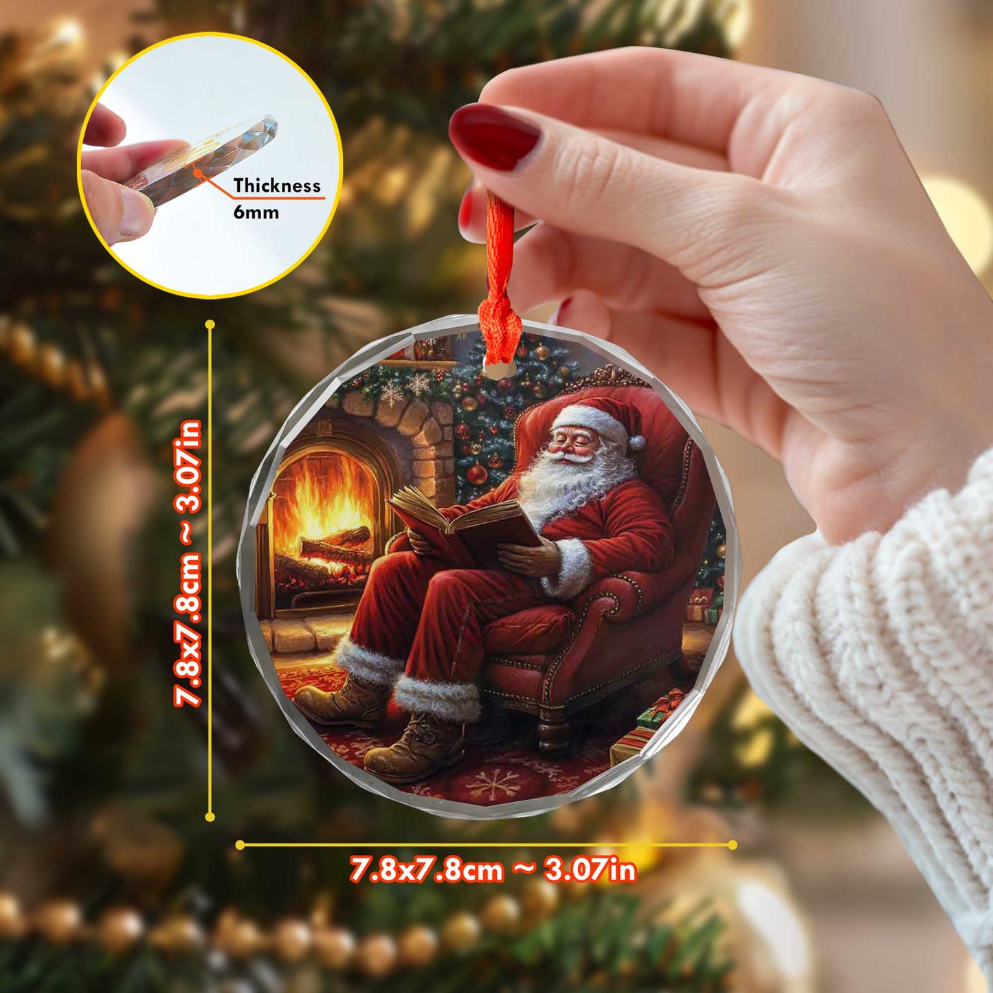 Netecom Santa Claus by the Fireplace Glass Ornament – Christmas Tree Decoration, Holiday Keepsake