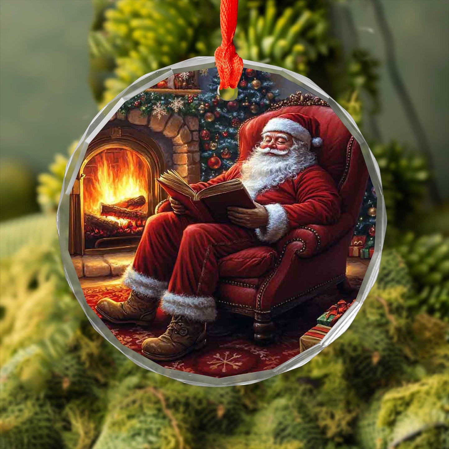 Netecom Santa Claus by the Fireplace Glass Ornament – Christmas Tree Decoration, Holiday Keepsake