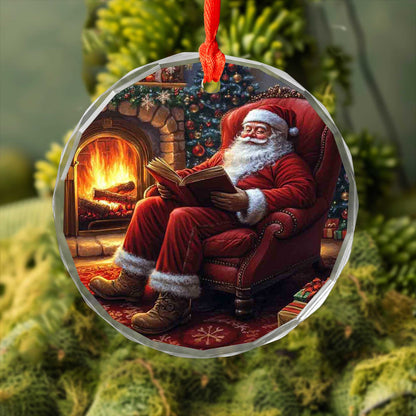 Netecom Santa Claus by the Fireplace Glass Ornament – Christmas Tree Decoration, Holiday Keepsake