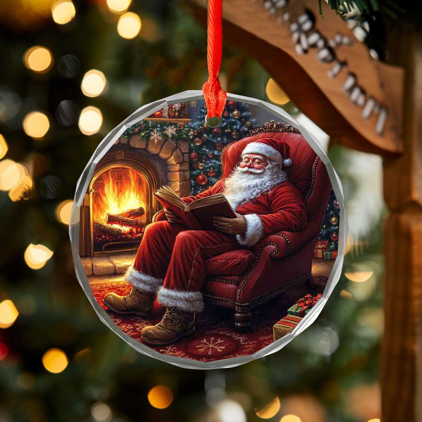 Netecom Santa Claus by the Fireplace Glass Ornament – Christmas Tree Decoration, Holiday Keepsake