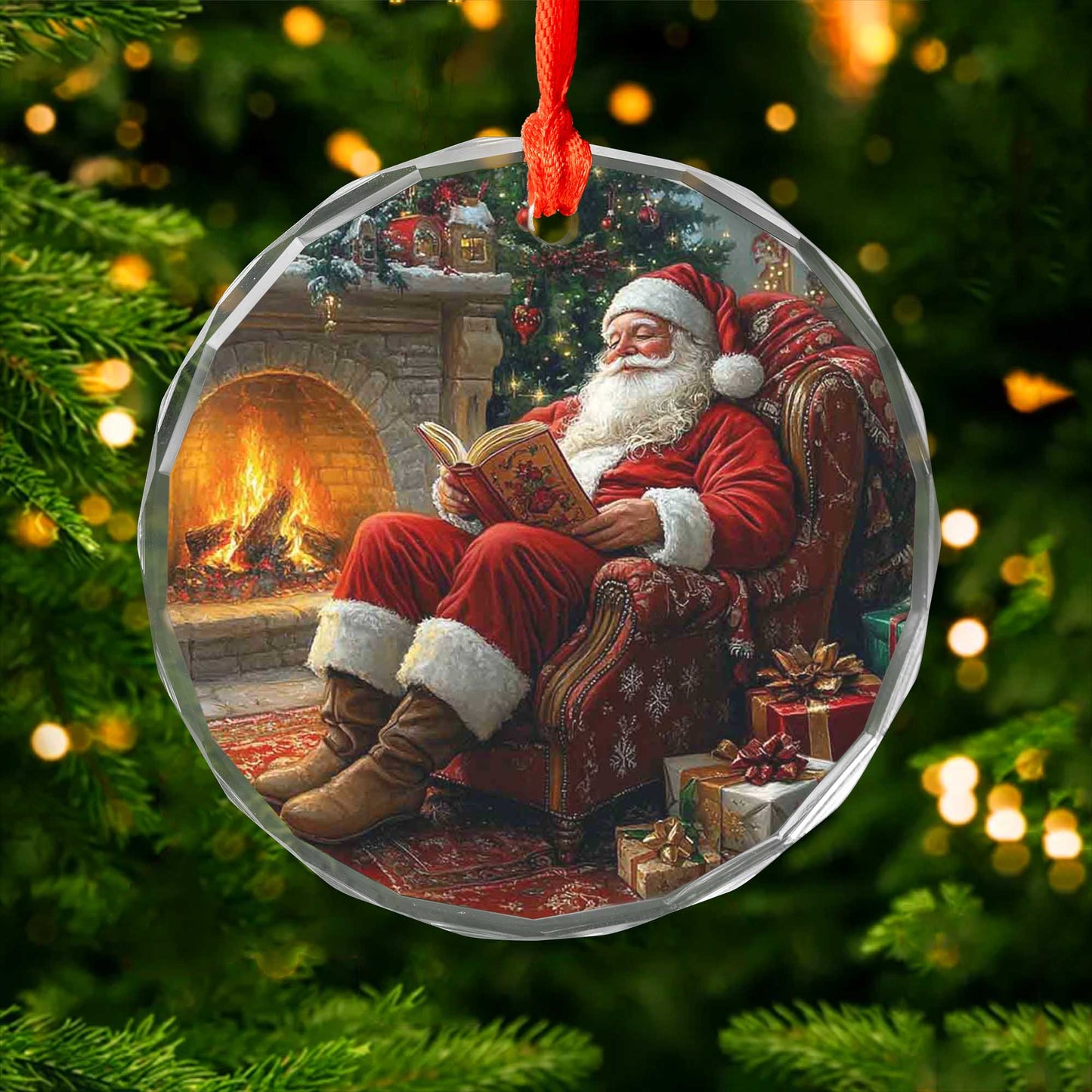 Netecom Santa Claus Sitting by the Fire Glass Ornament – Cozy Christmas Tree Decor, Perfect Holiday Gift