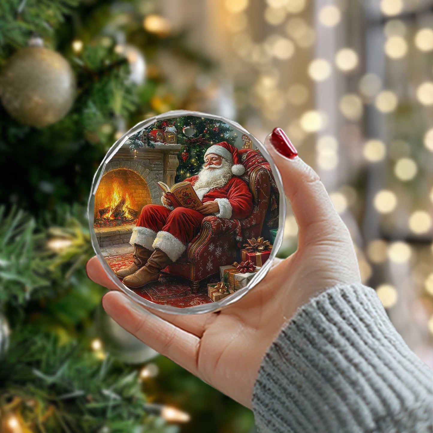 Netecom Santa Claus Sitting by the Fire Glass Ornament – Cozy Christmas Tree Decor, Perfect Holiday Gift
