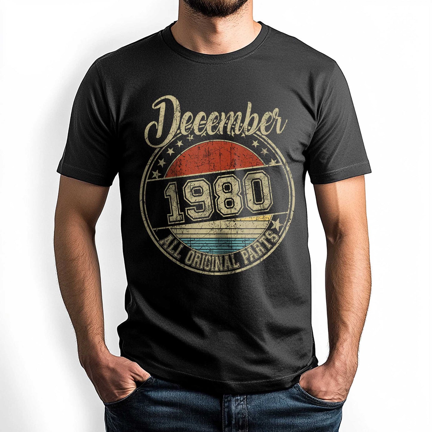 Netecom December 1980 All Original Parts T-Shirt, Retro Birthday Shirt for Men, Perfect Gift for December Birthday