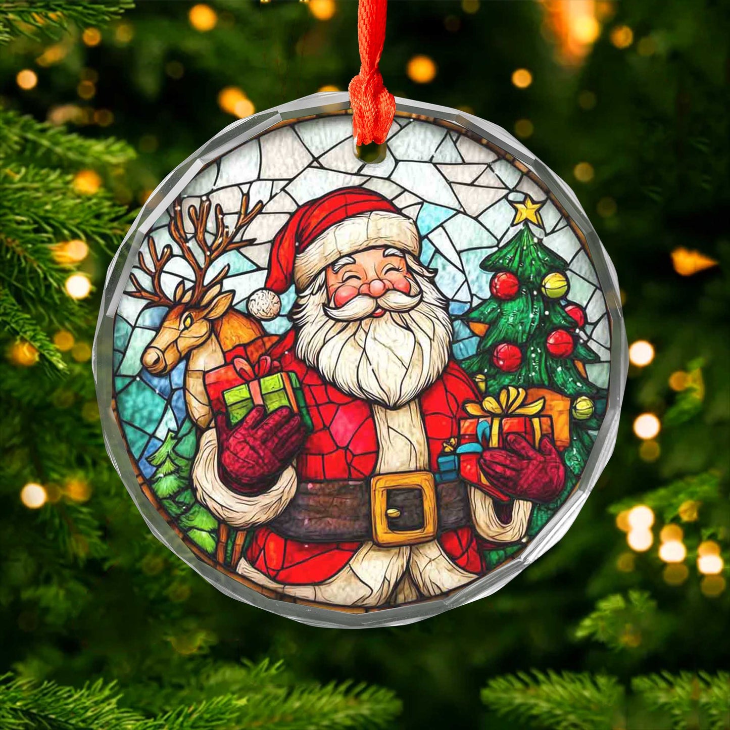 Netecom Jolly Santa Claus & Reindeer Glass Ornament – Stained Glass Christmas Tree Decoration, Holiday Keepsake, 3 in