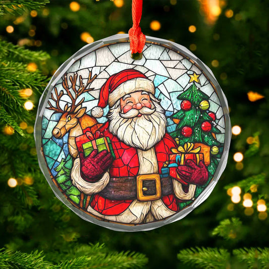 Netecom Jolly Santa Claus & Reindeer Glass Ornament – Stained Glass Christmas Tree Decoration, Holiday Keepsake, 3 in