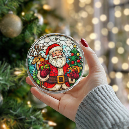 Netecom Jolly Santa Claus & Reindeer Glass Ornament – Stained Glass Christmas Tree Decoration, Holiday Keepsake, 3 in
