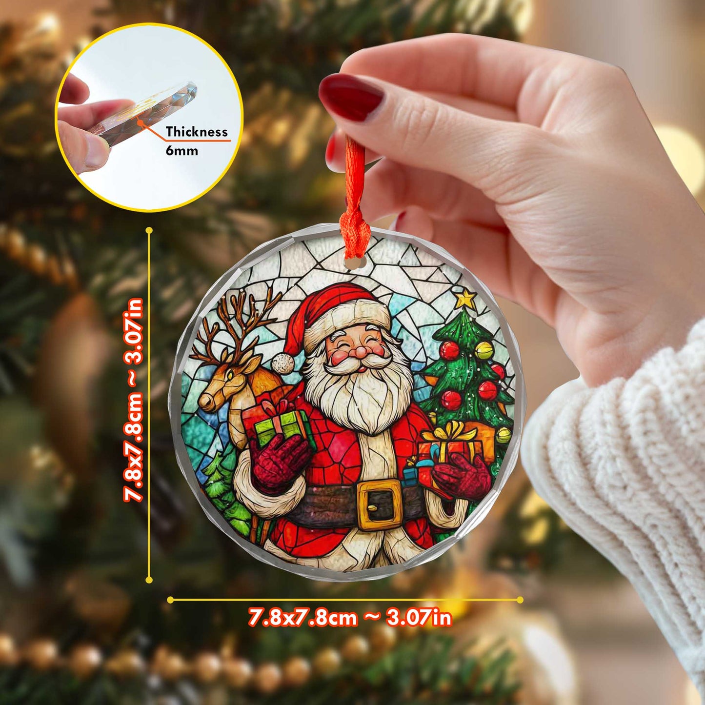 Netecom Jolly Santa Claus & Reindeer Glass Ornament – Stained Glass Christmas Tree Decoration, Holiday Keepsake, 3 in
