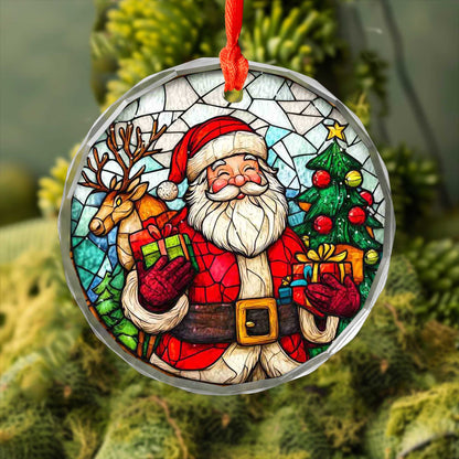 Netecom Jolly Santa Claus & Reindeer Glass Ornament – Stained Glass Christmas Tree Decoration, Holiday Keepsake, 3 in