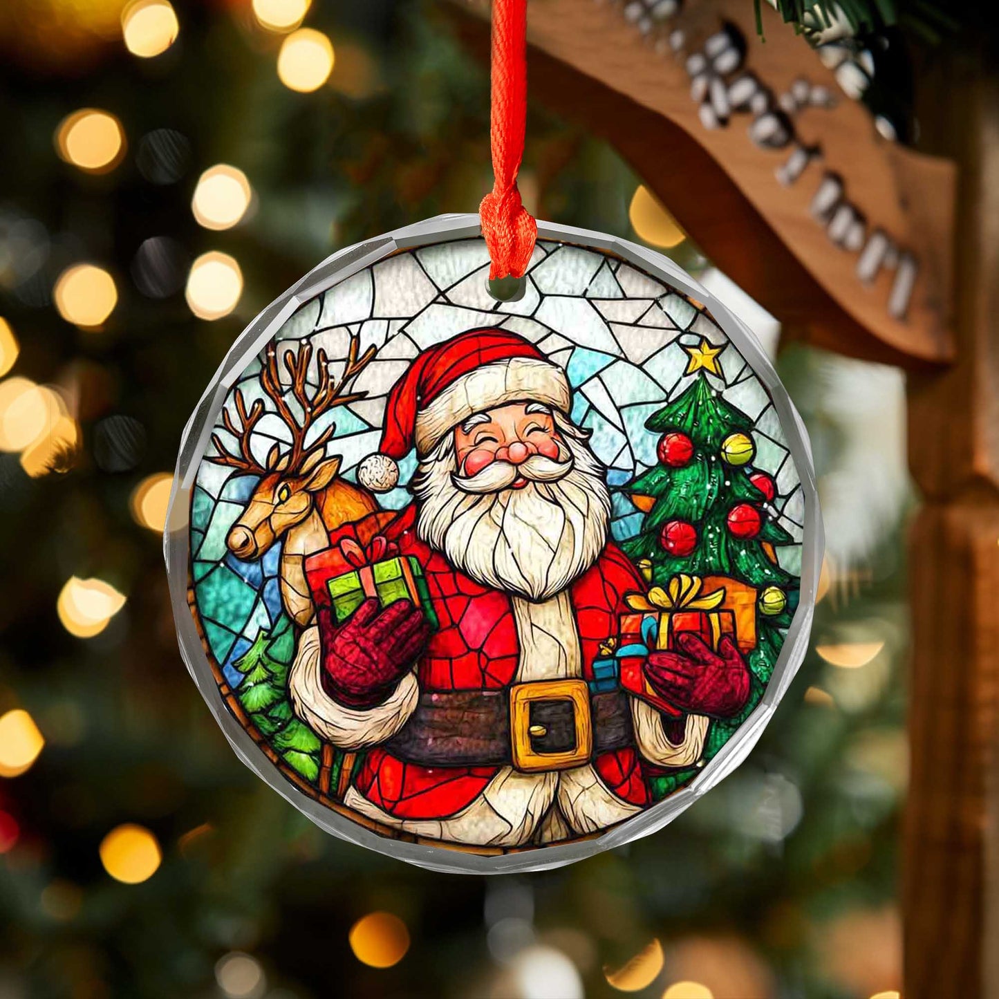 Netecom Jolly Santa Claus & Reindeer Glass Ornament – Stained Glass Christmas Tree Decoration, Holiday Keepsake, 3 in