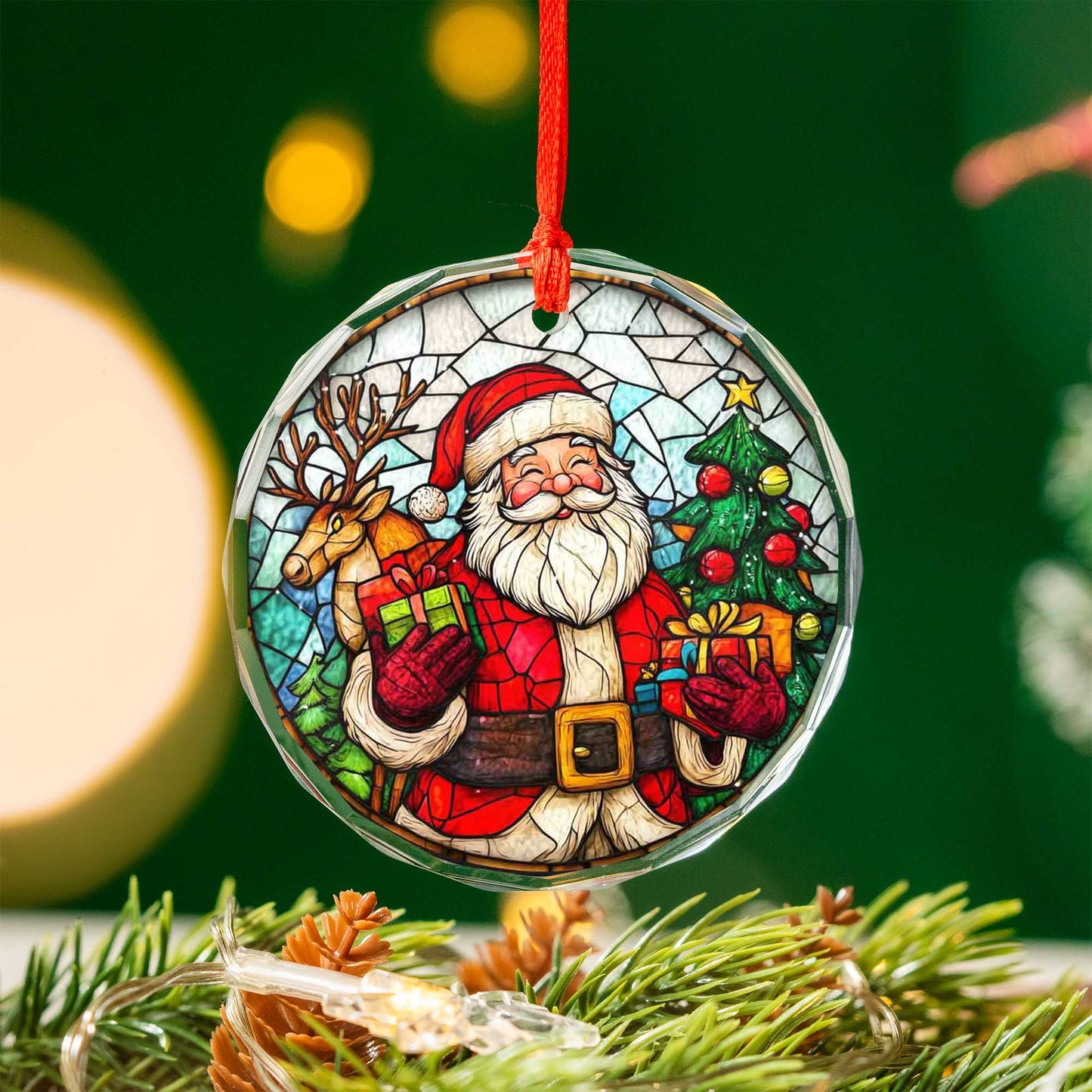 Netecom Jolly Santa Claus & Reindeer Glass Ornament – Stained Glass Christmas Tree Decoration, Holiday Keepsake, 3 in