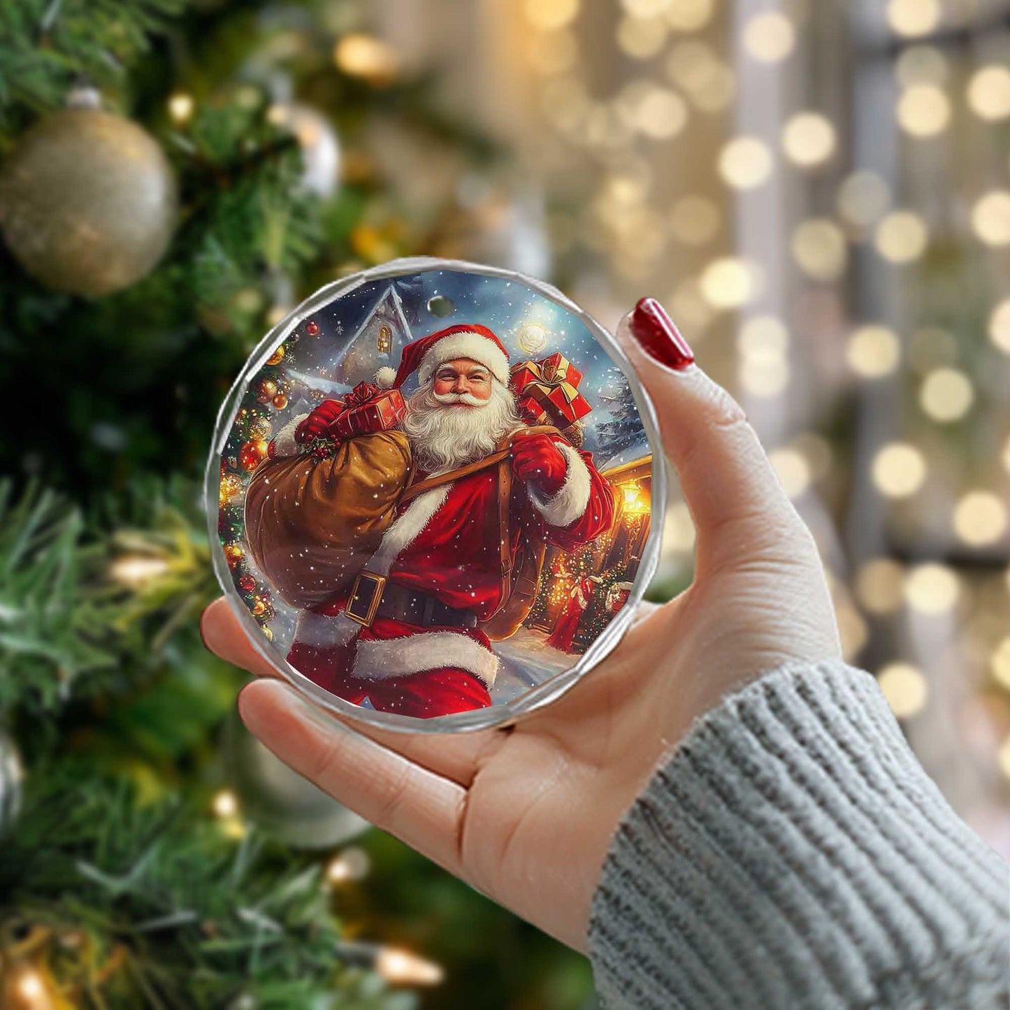 Netecom Santa Claus with Gift Bag Glass Ornament – Christmas Tree Decor, Perfect Holiday Keepsake