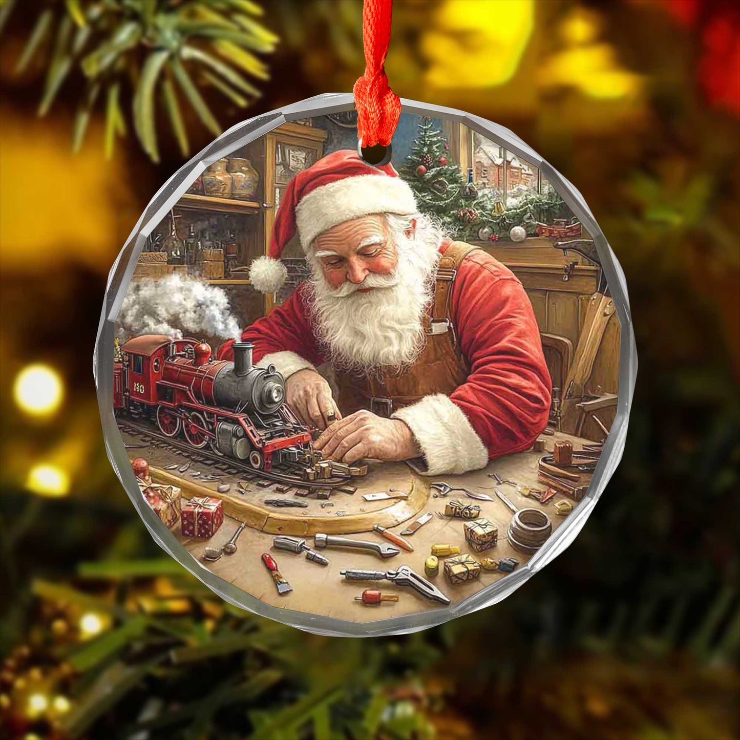 Netecom Santa Claus in Workshop Glass Ornament – Christmas Tree Decor, Building Toy Train