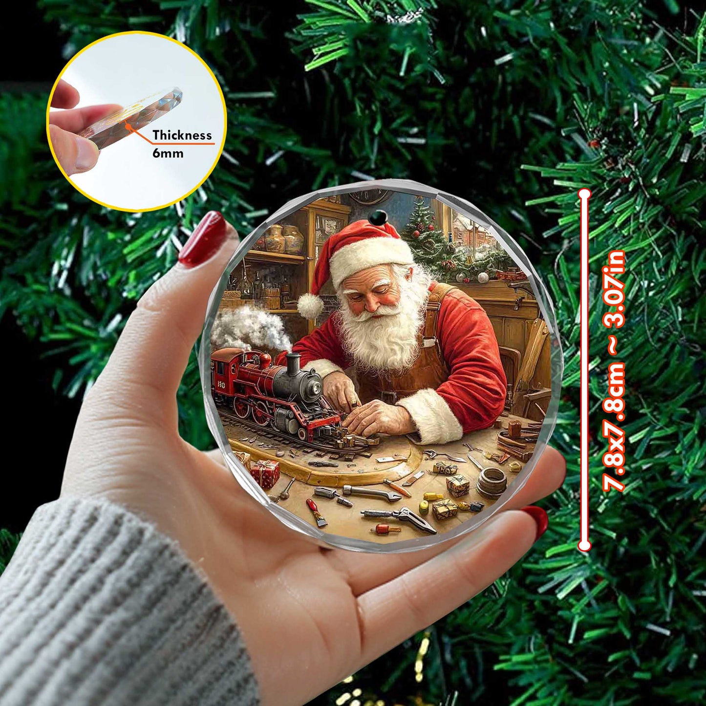 Netecom Santa Claus in Workshop Glass Ornament – Christmas Tree Decor, Building Toy Train