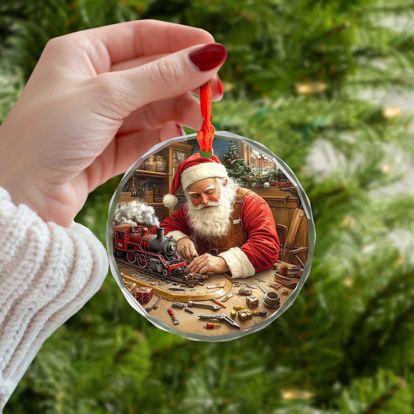 Netecom Santa Claus in Workshop Glass Ornament – Christmas Tree Decor, Building Toy Train