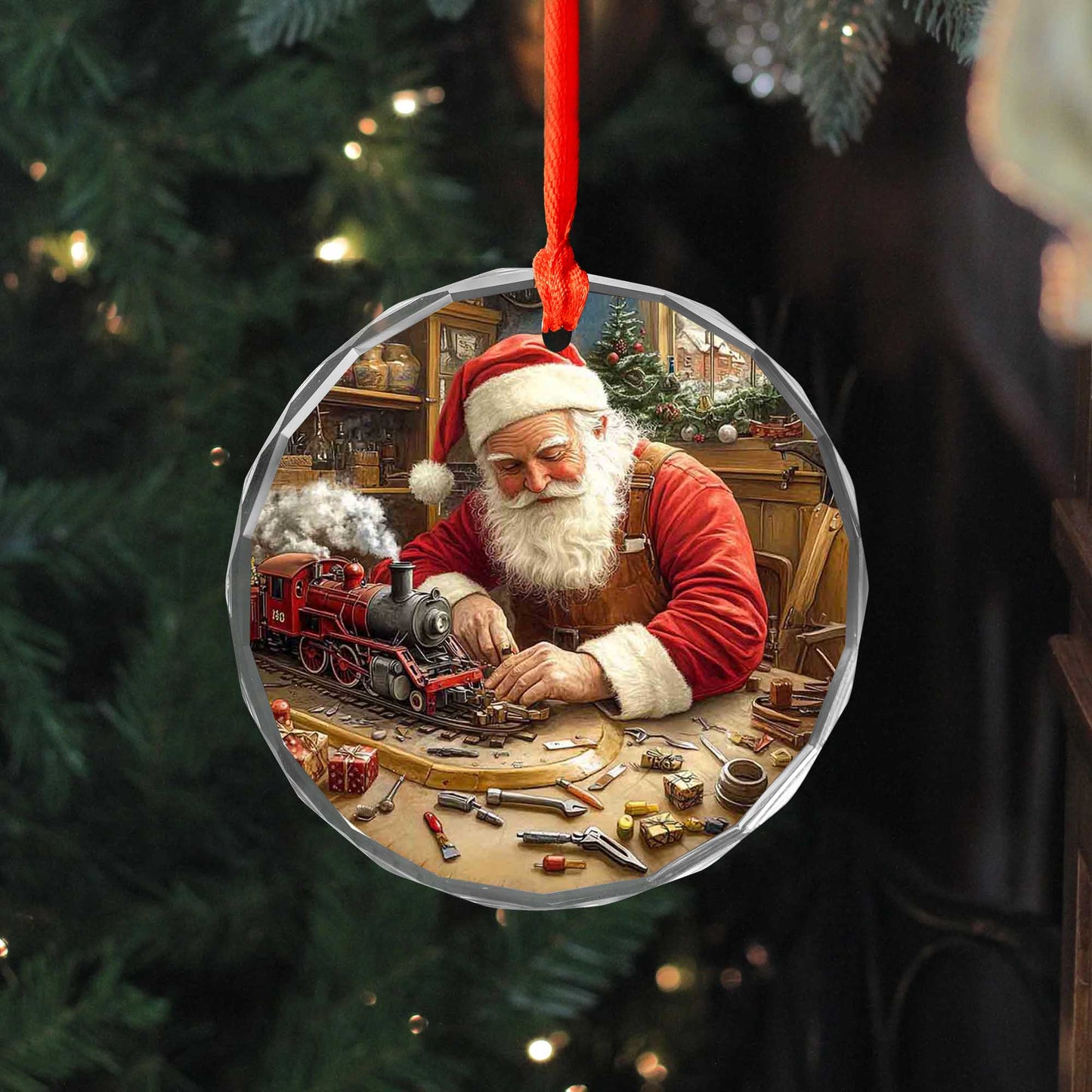 Netecom Santa Claus in Workshop Glass Ornament – Christmas Tree Decor, Building Toy Train
