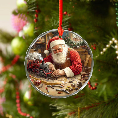 Netecom Santa Claus in Workshop Glass Ornament – Christmas Tree Decor, Building Toy Train