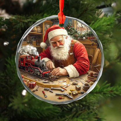 Netecom Santa Claus in Workshop Glass Ornament – Christmas Tree Decor, Building Toy Train