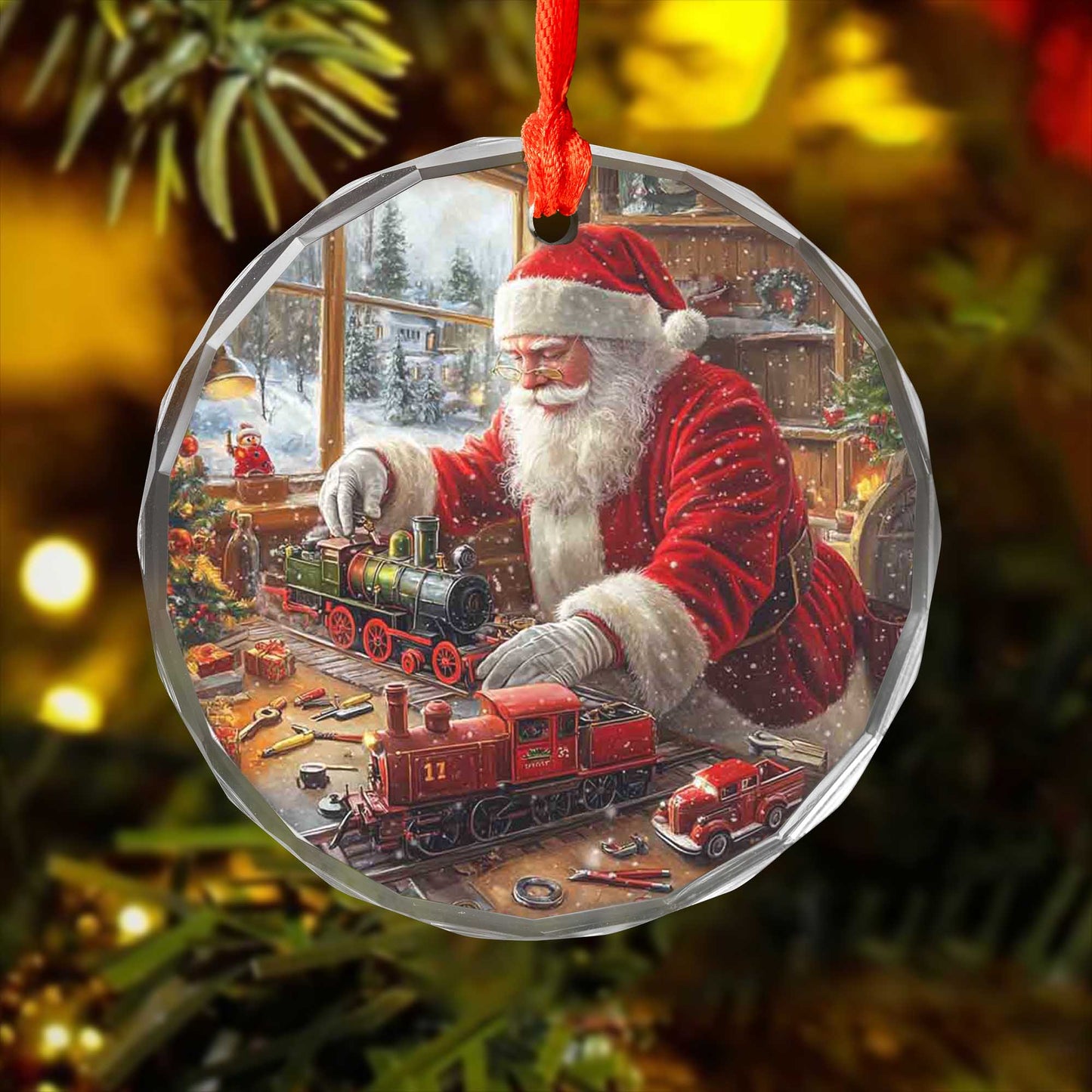 Netecom Santa Claus with Toy Train Glass Ornament – Christmas Tree Decoration, Festive Holiday Keepsake