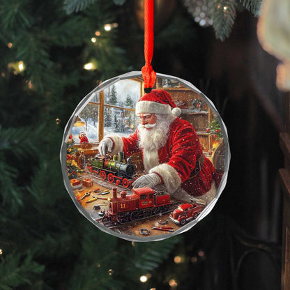 Netecom Santa Claus with Toy Train Glass Ornament – Christmas Tree Decoration, Festive Holiday Keepsake