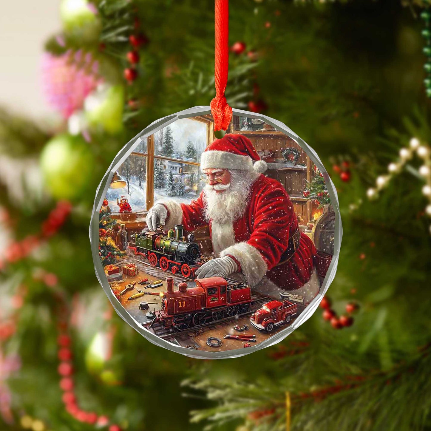 Netecom Santa Claus with Toy Train Glass Ornament – Christmas Tree Decoration, Festive Holiday Keepsake