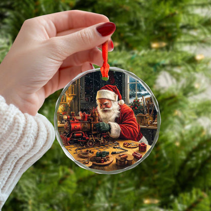 Netecom Santa Claus Building Train Glass Ornament – Holiday Tree Decoration, Perfect Christmas Keepsake